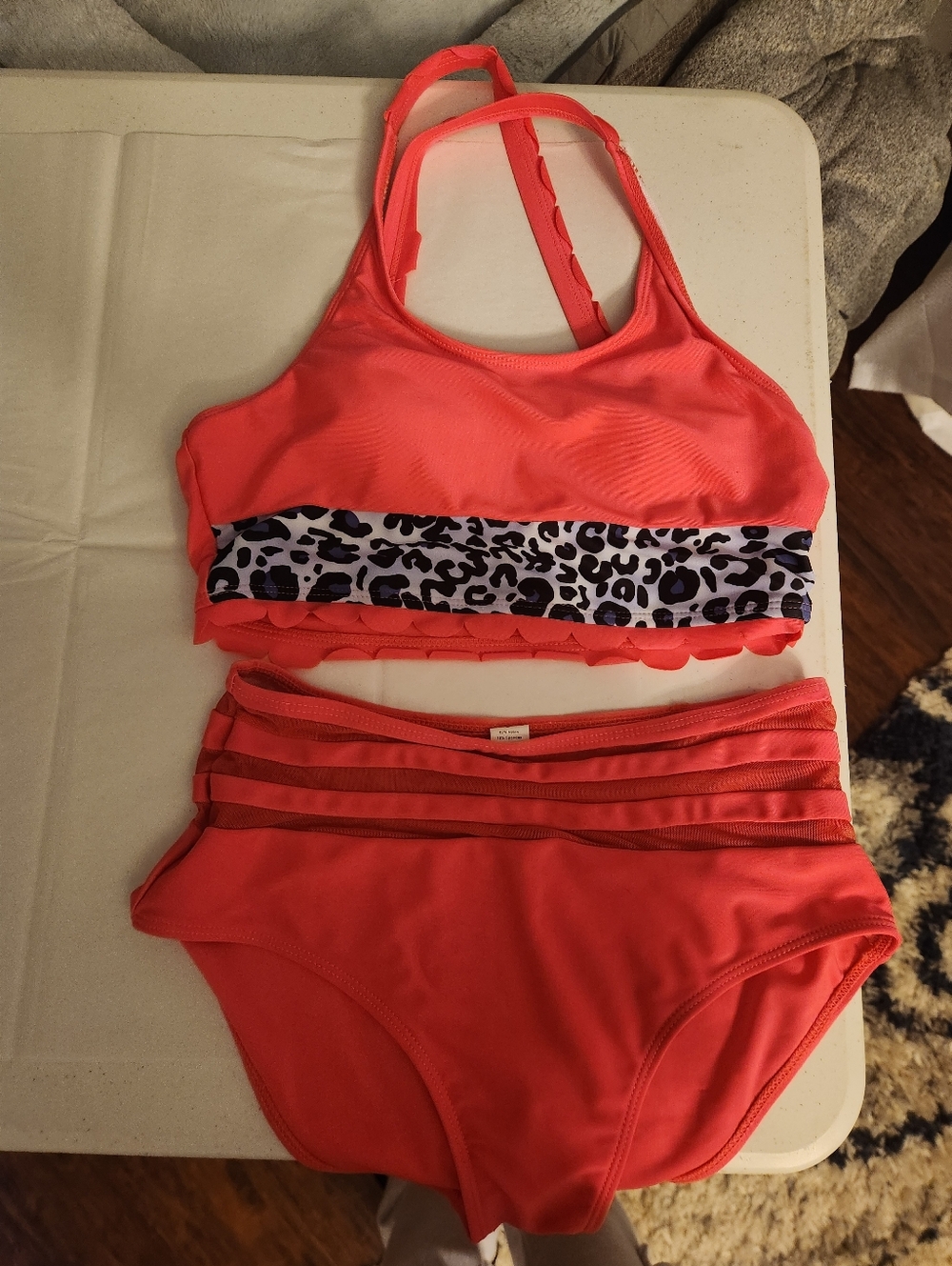 🧡🧡 Neon Coral Two-Piece Bikini with Leopard Print.
